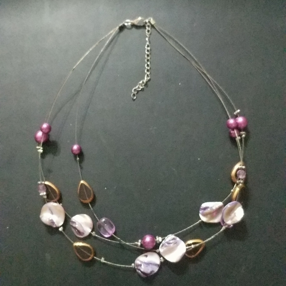 𝅺Silver Tone Purple Beaded Blister Pearl Layered Floating Statement Necklace